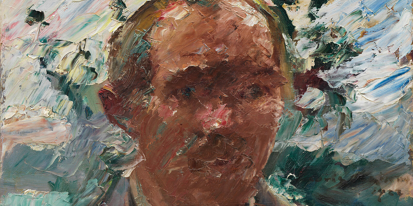 Detailansicht, Lovis Corinth, Selbstportrait am Walchensee, 1922, Öl auf Holz Detailansicht, Lovis Corinth, Selbstportrait am Walchensee, 1922, Öl auf Holz